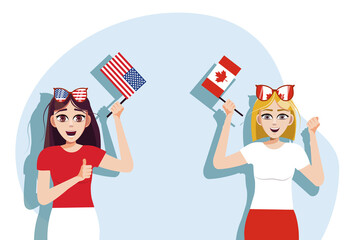 American and Canadian flags. Background for the inscription with flags. The concept of the competition between America and Canada. Feelings and emotions of female cheerleaders. Vector illustration.