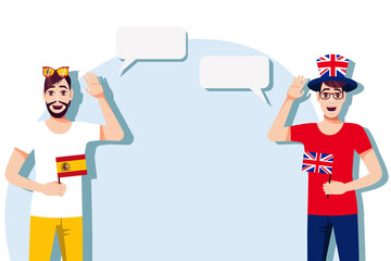 Men with Spanish and British flags. Background for the text. Communication between native speakers of the language. Vector illustration.