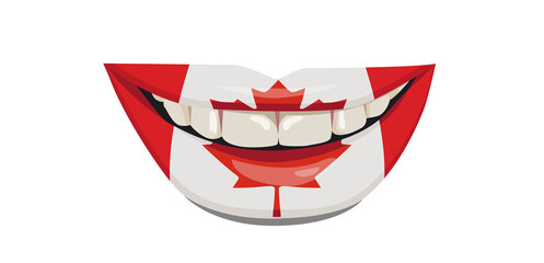 The flag of Canada on the lips. A woman's smile with white teeth. Vector illustration.
