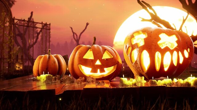 Halloween animated 4k background. scary and Spooky pumpkin in fire. around mystic evening and cemetery . High quality 4k footage