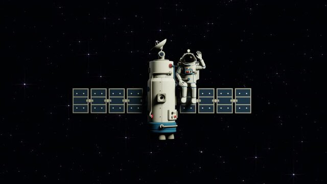 Cosmonaut and satellite in open space. Cartoon 3d astronaut in space waving his hand in greeting. 3d looped animation.