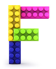 Fototapeta premium Alphabet F made of colorful bricks. 3d letter. 3d illustration.