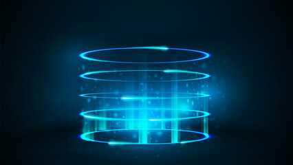 Empty blue neon digital hologram in cylindrical shape with particles and shiny rings in dark room © DDevicee