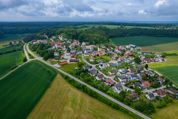 Aerial view of the village Neukirchen close to Schwandorf in Germany, Bavaria. on a sunny day in spring