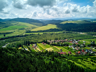 Beautiful aerial panoramic view of the Pieniny National Park, Poland in sunny day. Sokolica and Trzy Korony - English: Three Crowns (the summit of the Three Crowns Massif) © udmurd