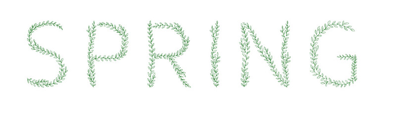 SPRING lettering. Green tree branch letters. Alphabet abc font capital letters for logo design