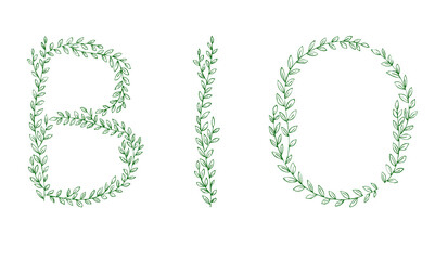 BIO lettering. Green tree branch letters. Alphabet abc font capital letters for logo design
