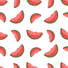 Seamless summer background with slices of red watermelon on a white background. Prints on trendy fabrics, modern textiles, posters, throw pillows, interior design. Vector.