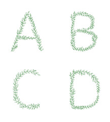 Green tree branch set of letters. Alphabet abc font capital letters for logo design.