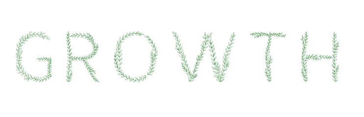 GROWTH lettering. Green tree branch letters. Alphabet abc font capital letters for logo design