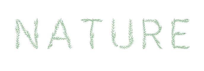 NATURE lettering. Green tree branch letters. Alphabet abc font capital letters for logo design