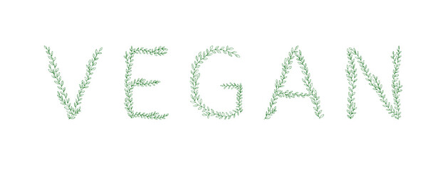 VEGAN lettering. Green tree branch letters. Alphabet abc font capital letters for logo design