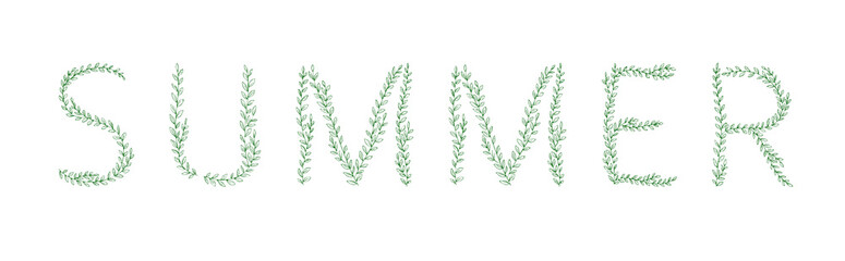 SUMMER lettering. Green tree branch letters. Alphabet abc font capital letters for logo design