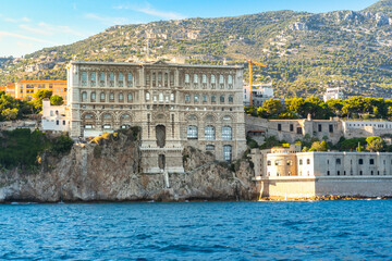 View from the sea of the Monaco Aquarium Oceanographic Museum of marine sciences in Monaco-Ville, Monaco. - obrazy, fototapety, plakaty