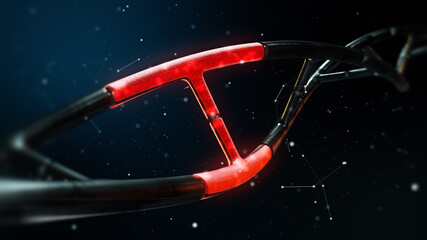 Naklejka premium Futuristic DNA Strand with glowing red chemical reactions. Robotic 3d render.