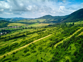 Beautiful aerial panoramic view of the Pieniny National Park, Poland in sunny day. Sokolica and Trzy Korony - English: Three Crowns (the summit of the Three Crowns Massif)
