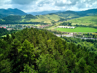 Beautiful aerial panoramic view of the Pieniny National Park, Poland in sunny day. Sokolica and Trzy Korony - English: Three Crowns (the summit of the Three Crowns Massif) © udmurd