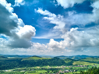 Beautiful aerial panoramic view of the Pieniny National Park, Poland in sunny day. Sokolica and Trzy Korony - English: Three Crowns (the summit of the Three Crowns Massif) © udmurd