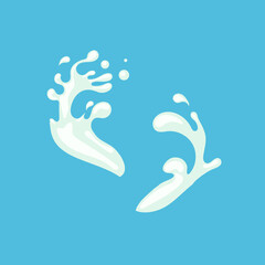 Vector White Splash on Bright Blue Background, Milk Splatter, Cartoon Illustration.
