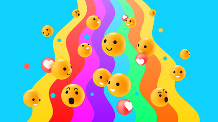 Diverse Emoticon Reactions on Bright Rainbow Background. Vector illustration