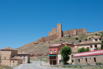 View of Molina de Aragon with its castle and fortress, from the road. Spain, Europe