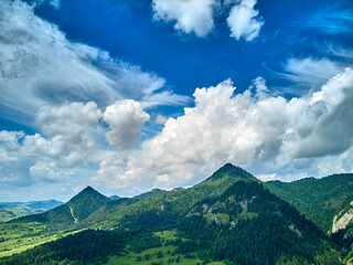 Beautiful aerial panoramic view of the Pieniny National Park, Poland in sunny day. Sokolica and Trzy Korony - English: Three Crowns (the summit of the Three Crowns Massif)