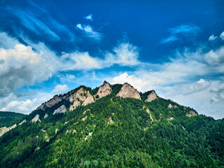 Beautiful aerial panoramic view of the Pieniny National Park, Poland in sunny day. Sokolica and Trzy Korony - English: Three Crowns (the summit of the Three Crowns Massif) © udmurd