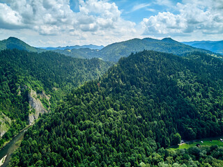 Beautiful aerial panoramic view of the Pieniny National Park, Poland in sunny day. Sokolica and Trzy Korony - English: Three Crowns (the summit of the Three Crowns Massif) © udmurd