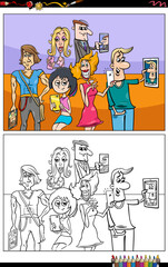 cartoon people with smart phones coloring book page