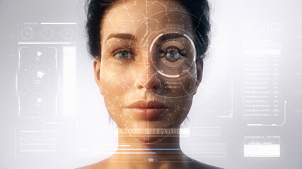 Futuristic and technological scanning of the face and retina of a beautiful woman avatar for facial recognition. Personal safety. Concept of: future, security, artificial intelligence. 3D Rendering. - obrazy, fototapety, plakaty