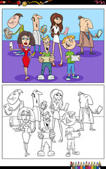 cartoon people with phones and devices coloring book page