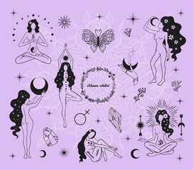 magic girls, moon child, witch with the moon, tarot cards, occult symbol, vector set - obrazy, fototapety, plakaty