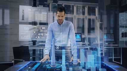 Professional Architect works with Holographic Augmented Reality 3D City Model using gestures....