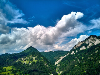 Beautiful aerial panoramic view of the Pieniny National Park, Poland in sunny day on Trzy Korony - English: Three Crowns (the summit of the Three Crowns Massif), Poland © udmurd