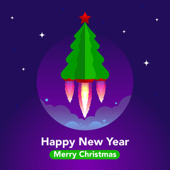 Christmas tree in space against the background of the starry sky. Merry Christmas and Happy New Year square banner. Vector, illustration