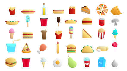 Set of 45 icons of delicious food and snacks items for a restaurant bar cafe on a white background: fast food, cheat meat, burger, pizza, hot dog, sandwich, fruits, vegetables