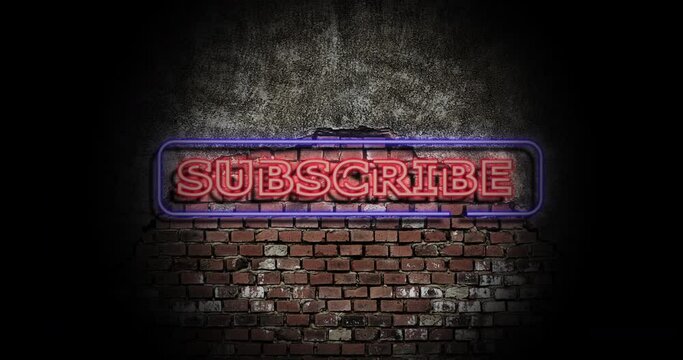 Beautiful neon sign Subscribe on a brick wall, 4k texture