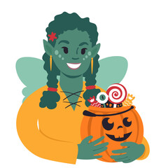 Girl with halloween pumpkin dressed as an elf. Flat style Illustration