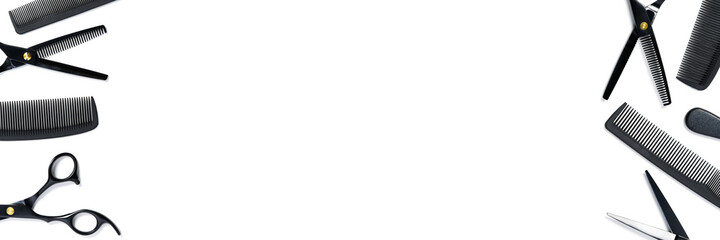 layout on white from scissors and combs for hairdressing services, isolated copy space