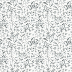 Seamless botanical white pattern with the contours of flowering flax
