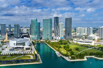 Aerial View from a Helicopter of Miami Downtown,.South Miami Beach, .Miami Dade,.Florida.North America,.USA - obrazy, fototapety, plakaty