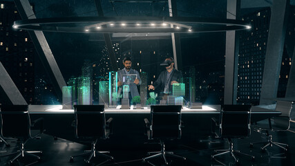 In the Near Future: Professional Designer in Suit wearing AR Headset presenting Architecture Project to Partner standing around Futuristic Table with Holographic Modern Augmented Reality Technology.