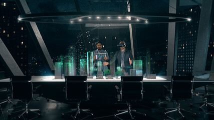 In the Near Future: Professional Designer in Suit wearing AR Headset presenting Architecture...