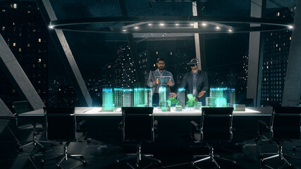 In the Near Future: Professional Designer in Suit wearing AR Headset presenting Architecture Project to Partner standing around Futuristic Table with Holographic Modern Augmented Reality Technology.