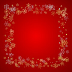 Christmas snow on red background. Glitter frame for seasonal winter banners, gift coupon, voucher, ads, party event. Santa Claus colors with golden Christmas snow. Falling snowflakes for holiday