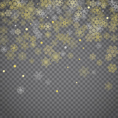 Isolated snowflakes on transparent grey background. Gold glitter snow. Winter sales, Christmas and New Year design for party invitation, banner, sale. Winter window. Magic crystal isolated snowflakes.