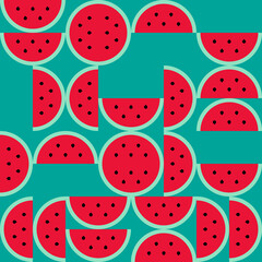 Watermelon summer pattern. Geometrical watermelon. Green background. Square format. Vector illustration, flat design