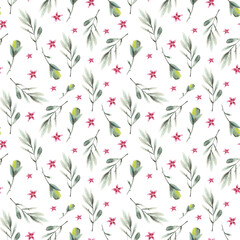 Repeat of watercolor leave olive branch on background. Botanical art. Use for design invitations, birthdays, weddings