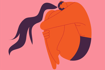 Girl in udnerwear with long hair in a fetal position. Body, self-acceptance, self-love, protection, body positive. Practicing self-compassion and positive self-talk