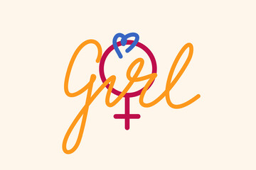 Girl power lettering. Empowerment, support, strength in letters. Illustration, flat design with gender symbol. Colorful typography for banner, social media, poster or article.
